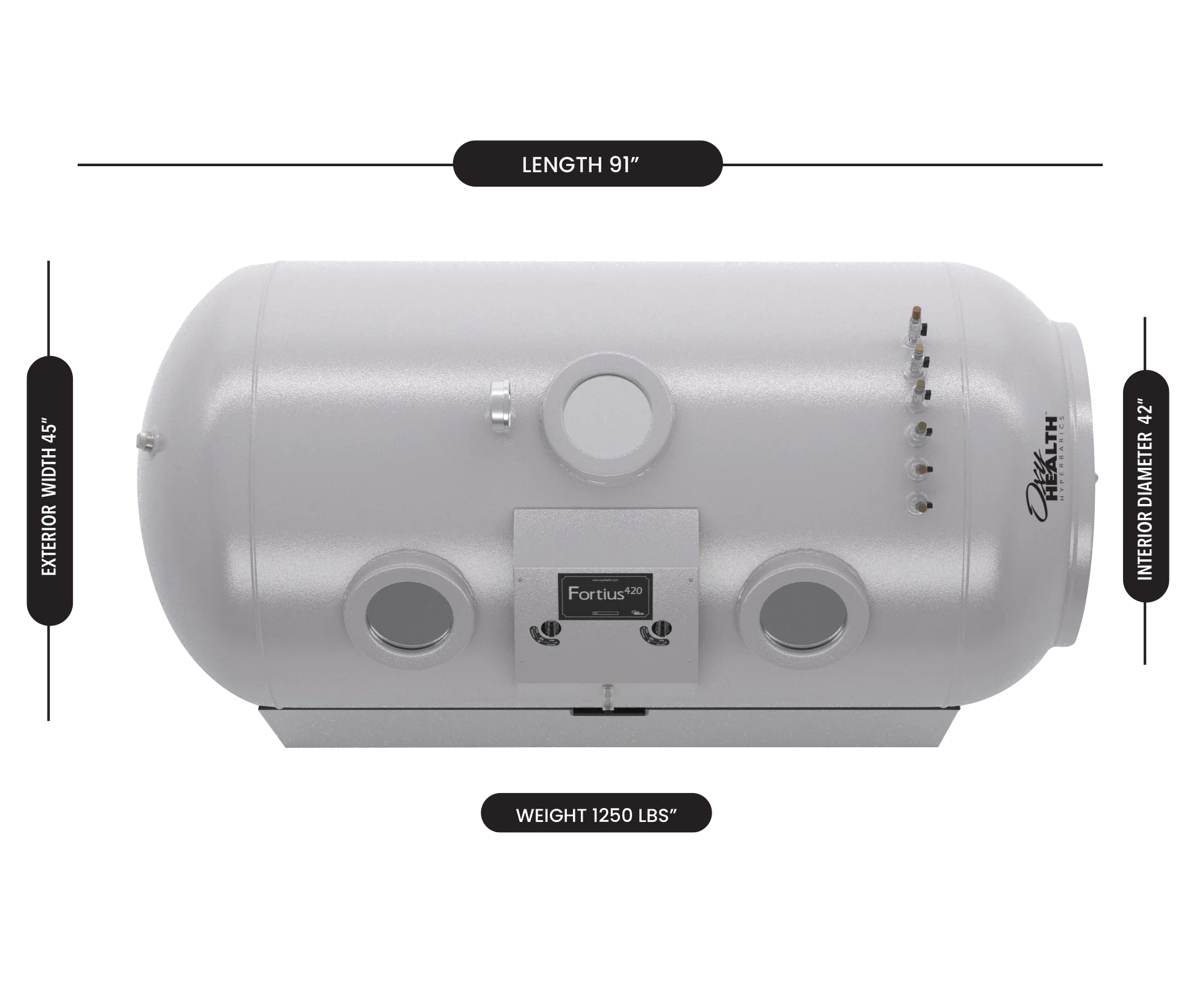 Fortius 420 hyperbaric chamber dimensions diagram showing interior and exterior measurements