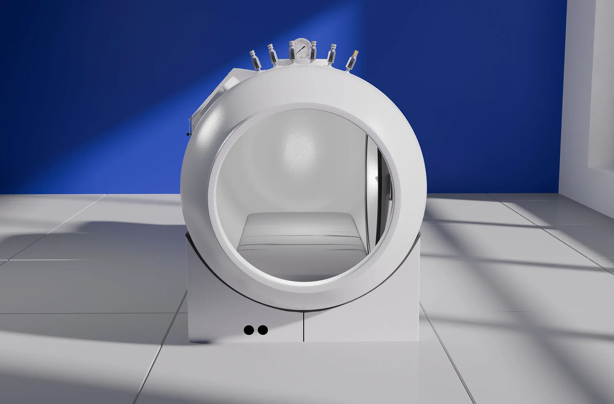 OxyHealth Fortius 420 hard-sided clinical hyperbaric chamber in a modern treatment room with blue lighting