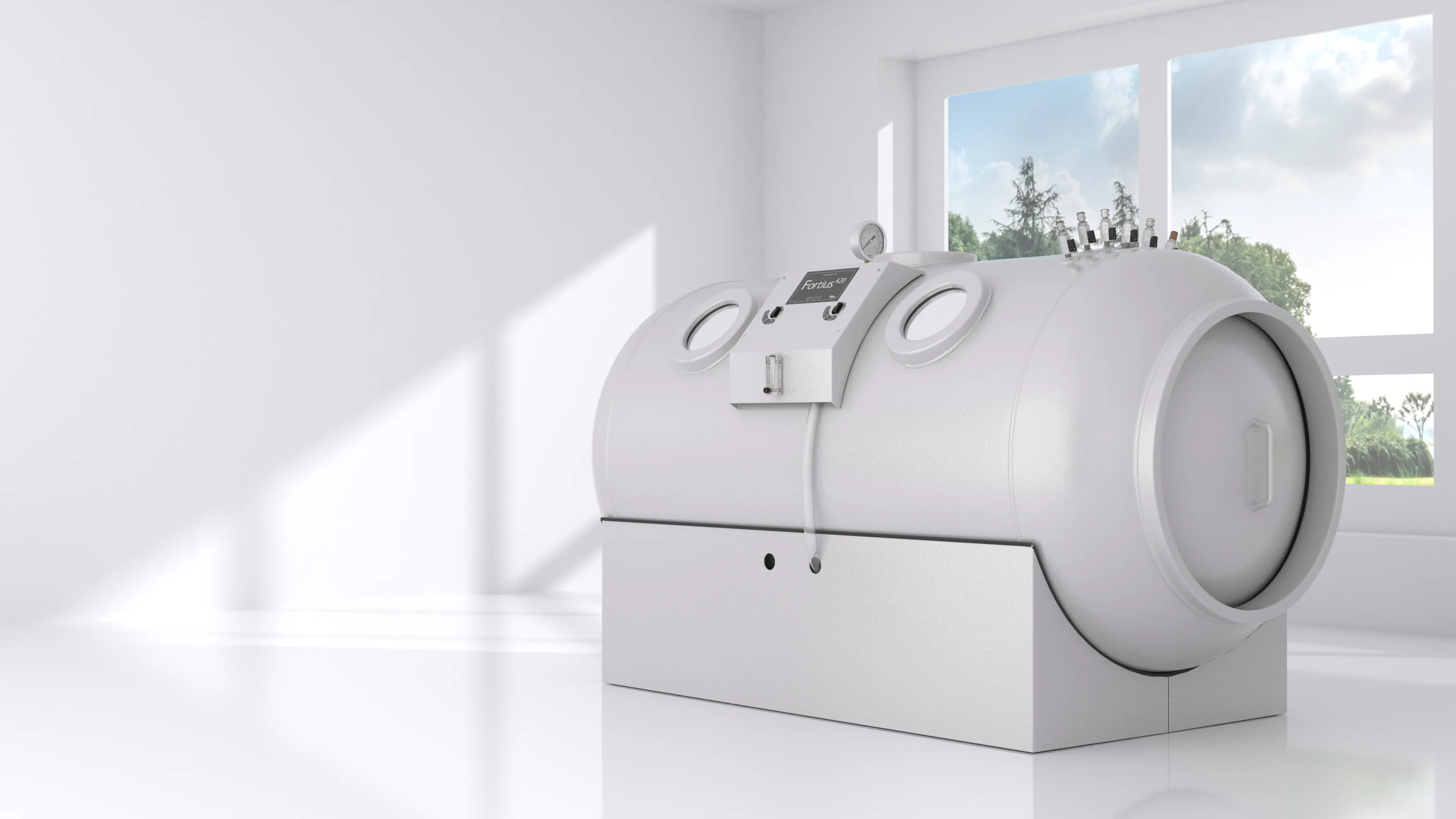 OxyHealth Fortius 420 hard-sided hyperbaric chamber installed in a clinical treatment room