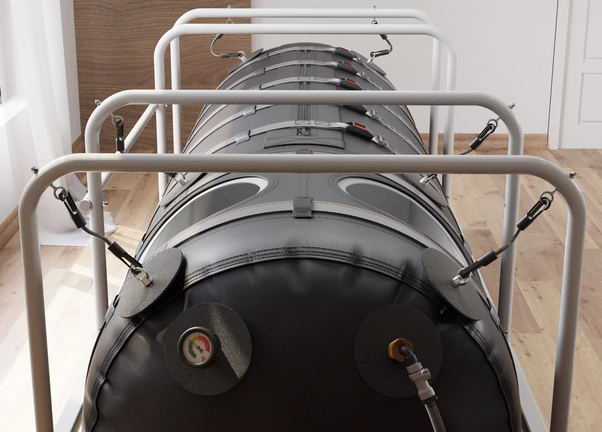 OxyHealth Quamvis 320 black hyperbaric chamber in room scene - 3D render