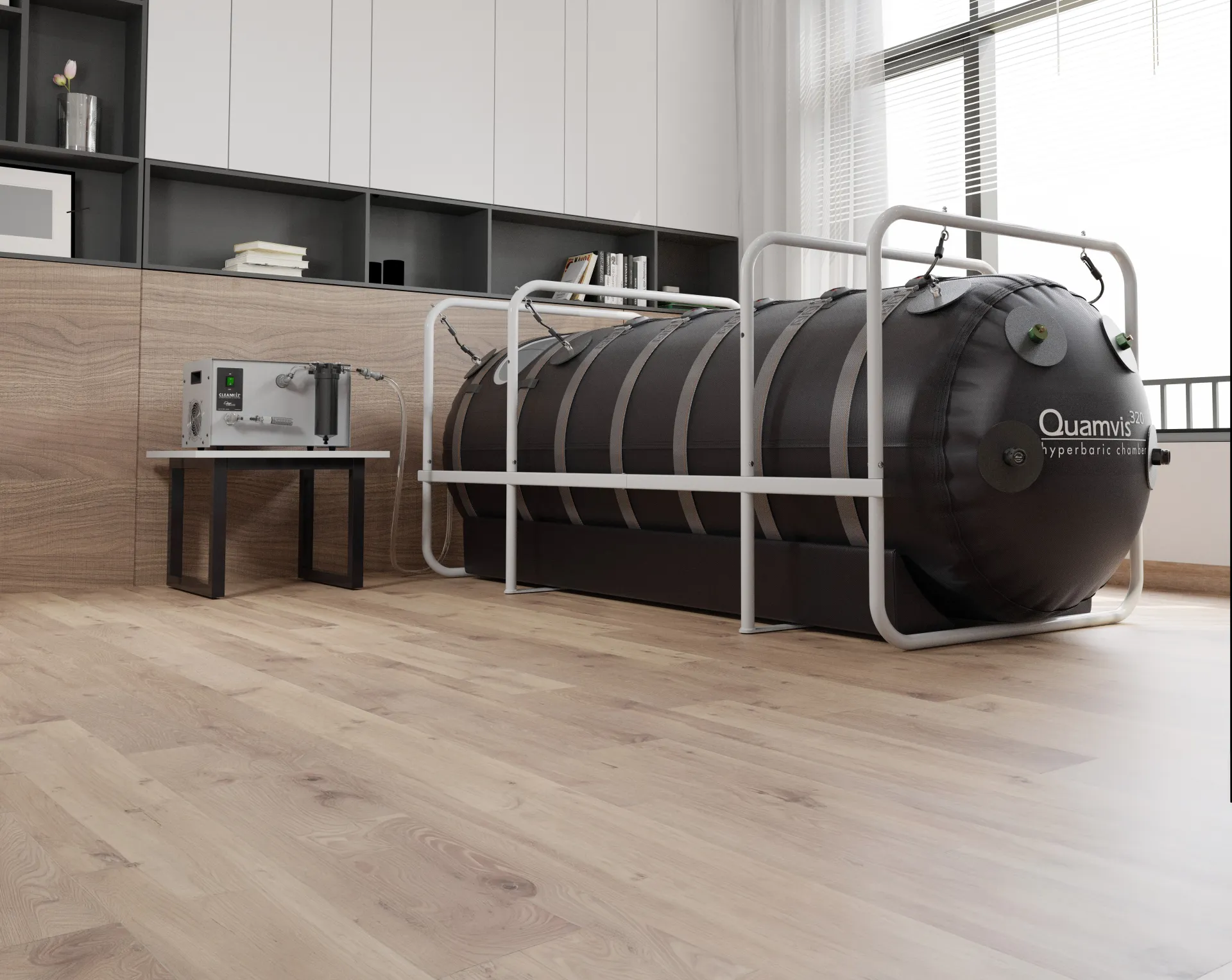 OxyHealth Quamvis 320 black hyperbaric chamber scene alternate angle - 3D render