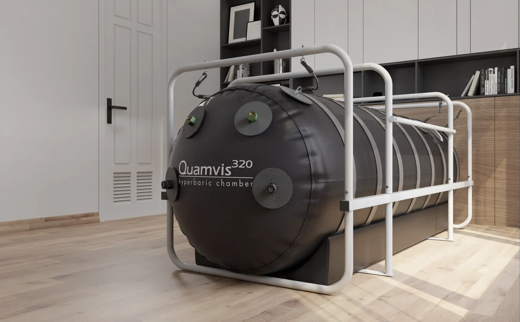 OxyHealth Quamvis 320 black portable hyperbaric chamber with external steel frame in modern room setting