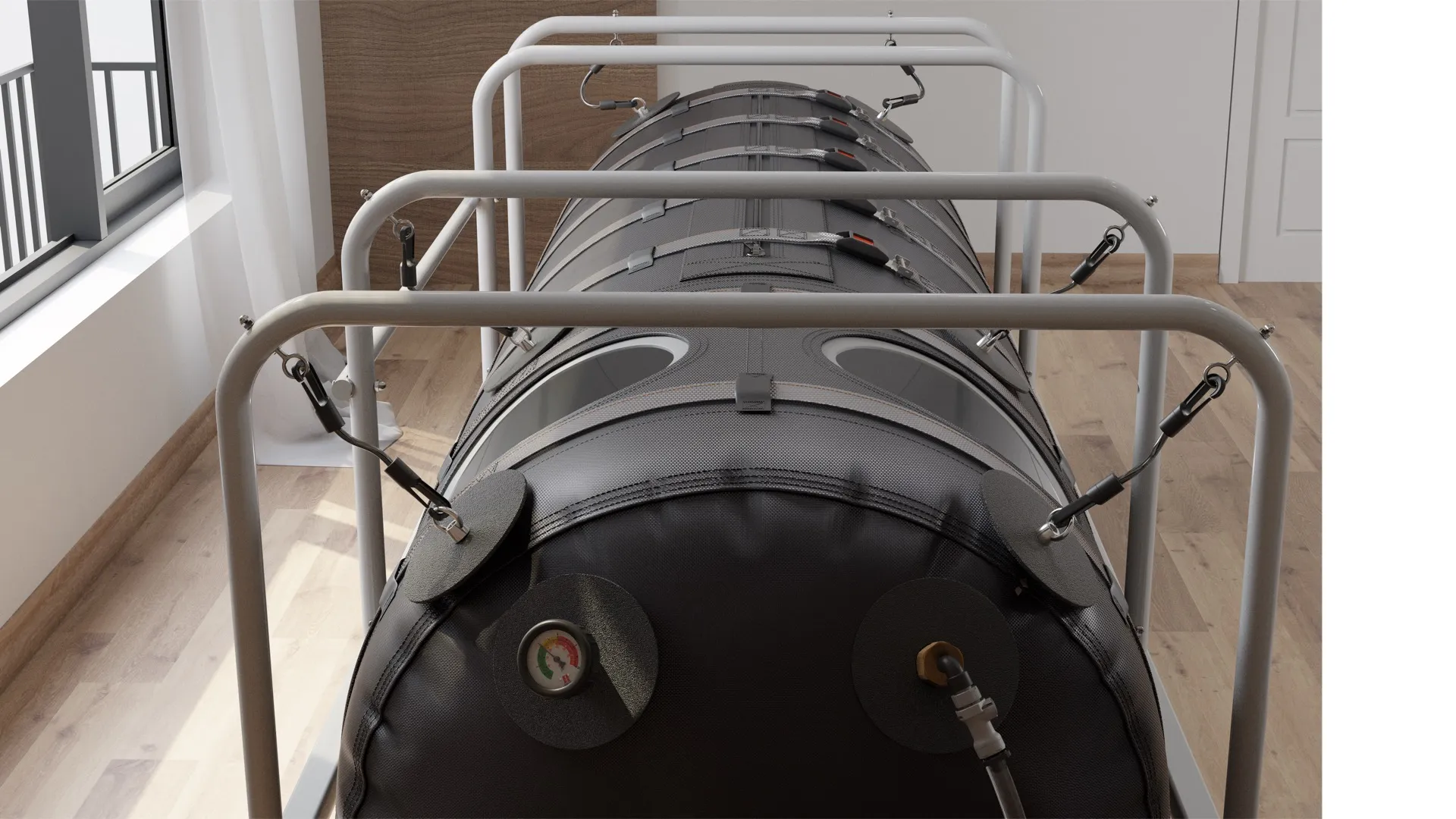 OxyHealth Quamvis 320 black hyperbaric chamber solo scene - 3D render