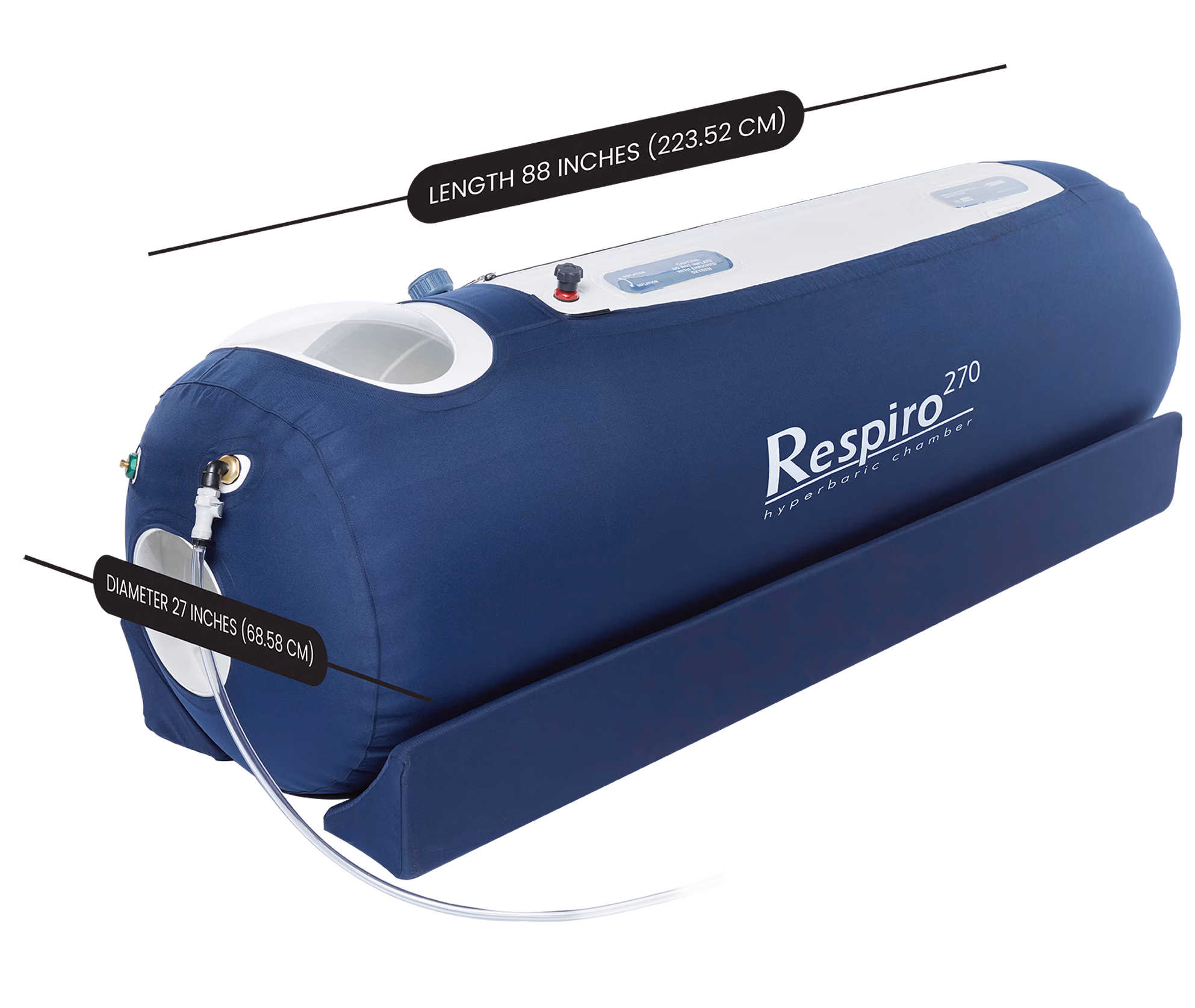Respiro 270 hyperbaric chamber dimensions diagram showing 88-inch length, 27-inch diameter, and interior measurements