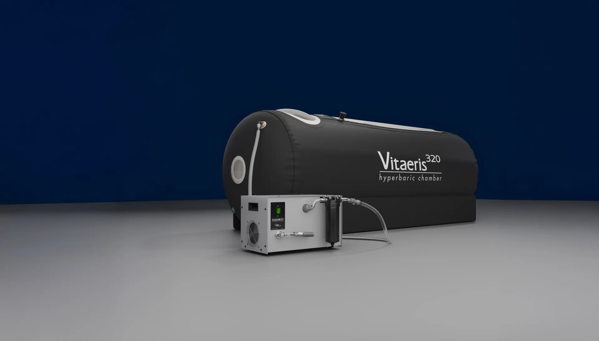 OxyHealth Vitaeris 320 portable hyperbaric chamber with compressor on blue background - 3D rendered product view