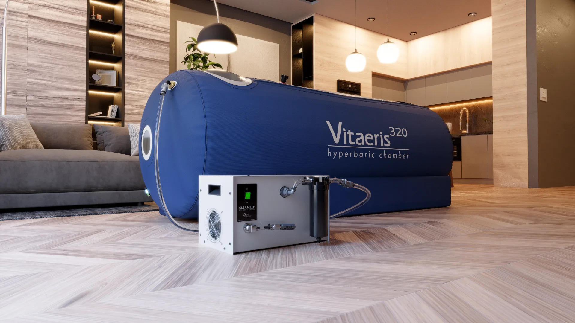 OxyHealth Vitaeris 320 hyperbaric chamber with CleanAir compressor in luxury living room - 3D rendered scene