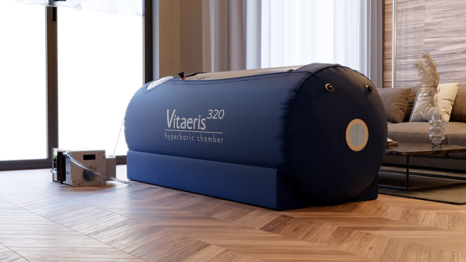 OxyHealth Vitaeris 320 hyperbaric chamber side view with compressor in luxury living room - 3D rendered detail