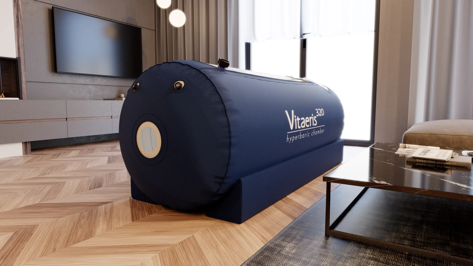 OxyHealth Vitaeris 320 hyperbaric chamber end view in luxury living room - 3D rendered scene