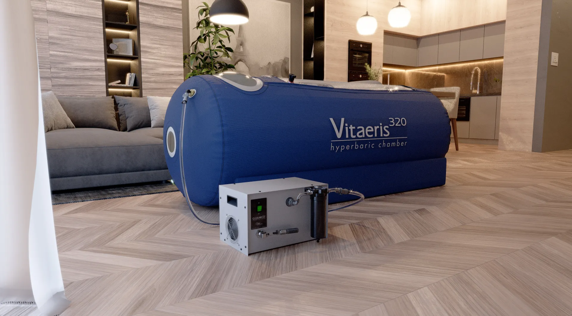 OxyHealth Vitaeris 320 hyperbaric chamber with compressor in a luxury living room - 3D rendered scene