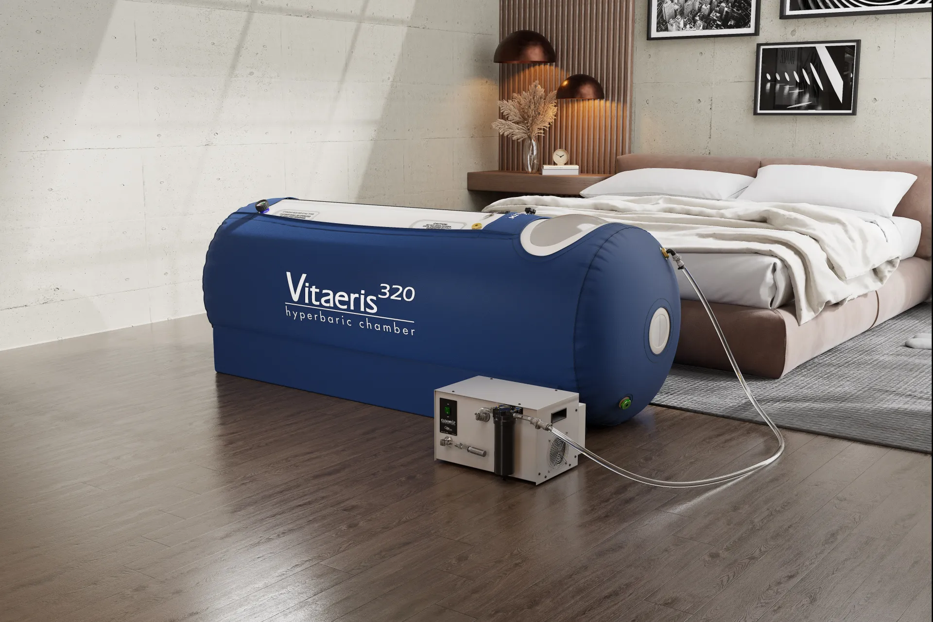 OxyHealth Vitaeris 320 portable hyperbaric chamber in modern bedroom, FDA cleared for home and clinic use