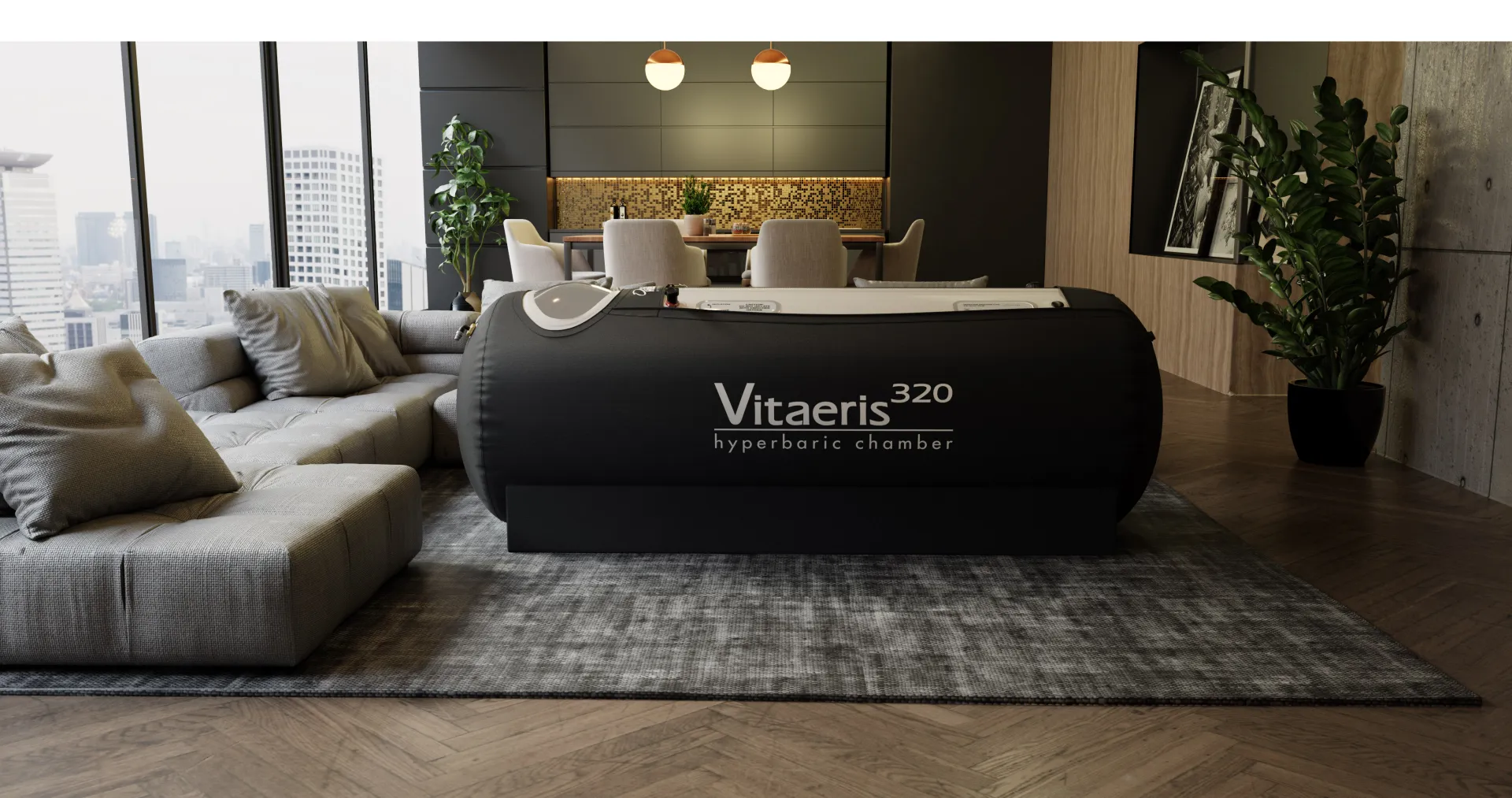 OxyHealth Vitaeris 320 hyperbaric chamber in luxury penthouse setting - 3D rendered scene