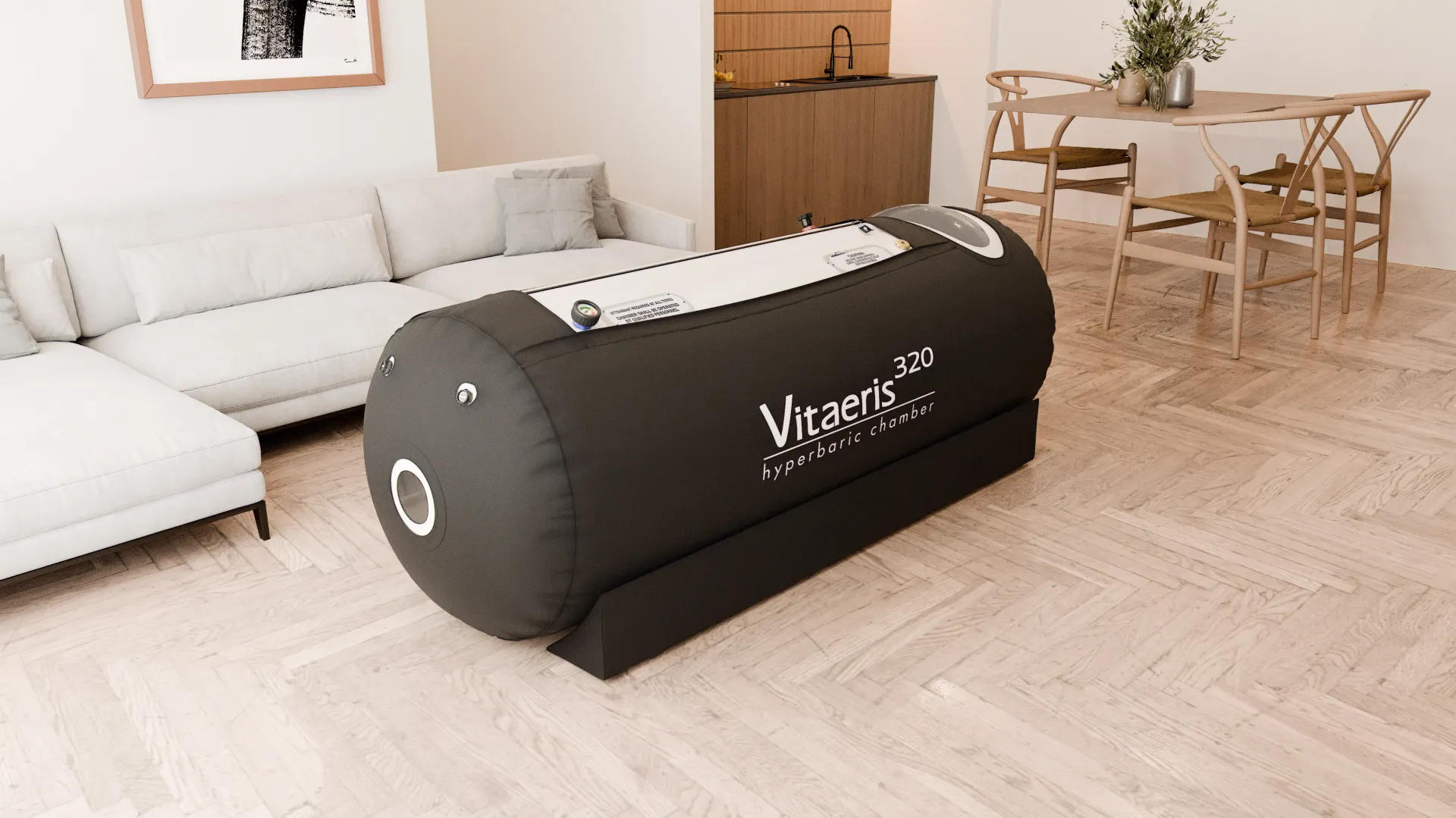 OxyHealth Vitaeris 320 hyperbaric chamber in black jacket in bright minimalist room - 3D rendered scene