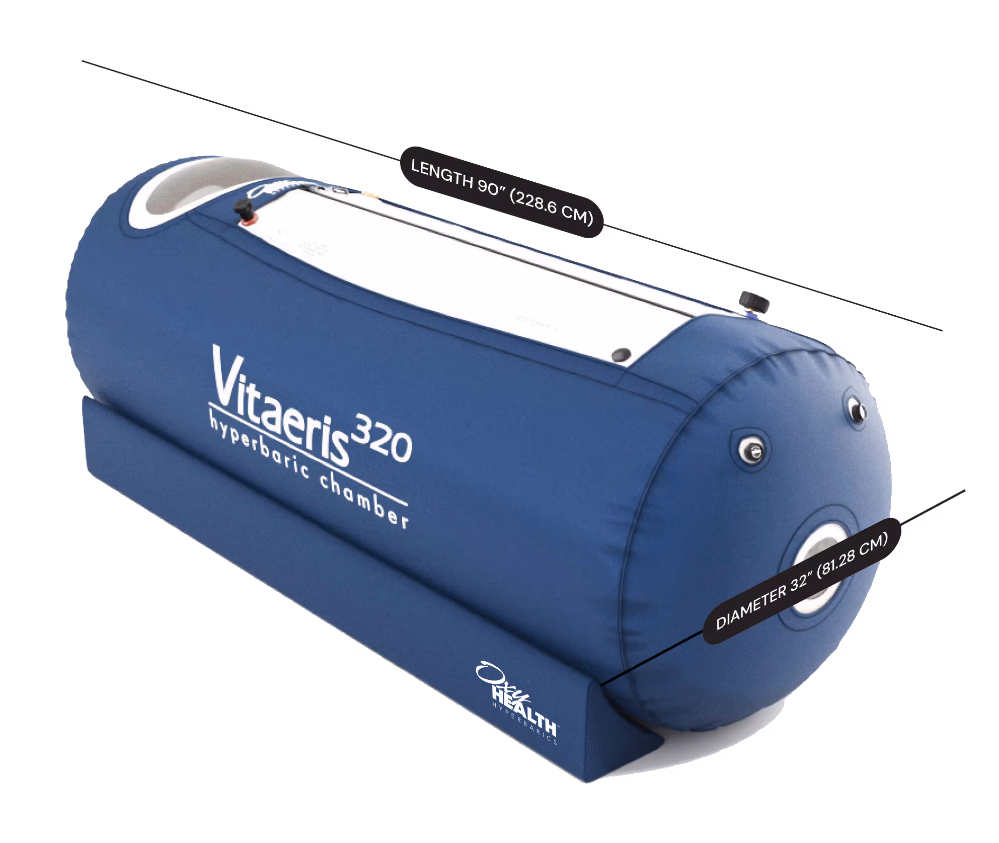 Vitaeris 320 hyperbaric chamber dimensions diagram showing 90-inch length, 32-inch diameter, and interior measurements