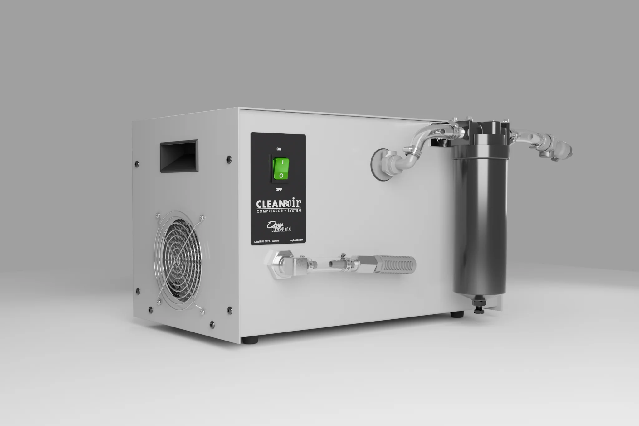 OxyHealth CleanAir compressor system with cooling fan, power switch and high-efficiency inline air filter, included with the Fortius 420 hyperbaric chamber