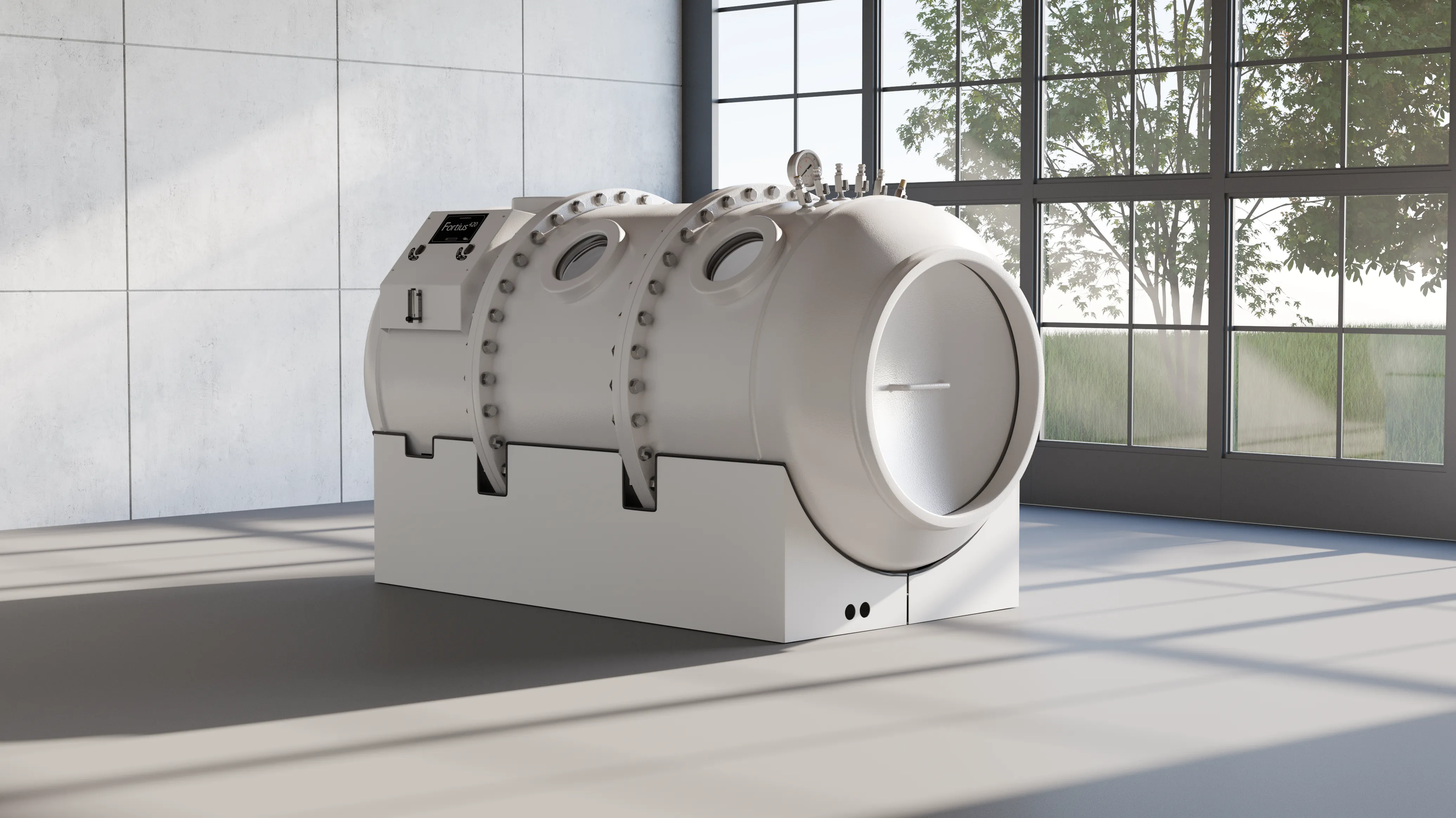 OxyHealth Fortius 420 EXP split-design clinical hyperbaric chamber - 3D rendered product visualization