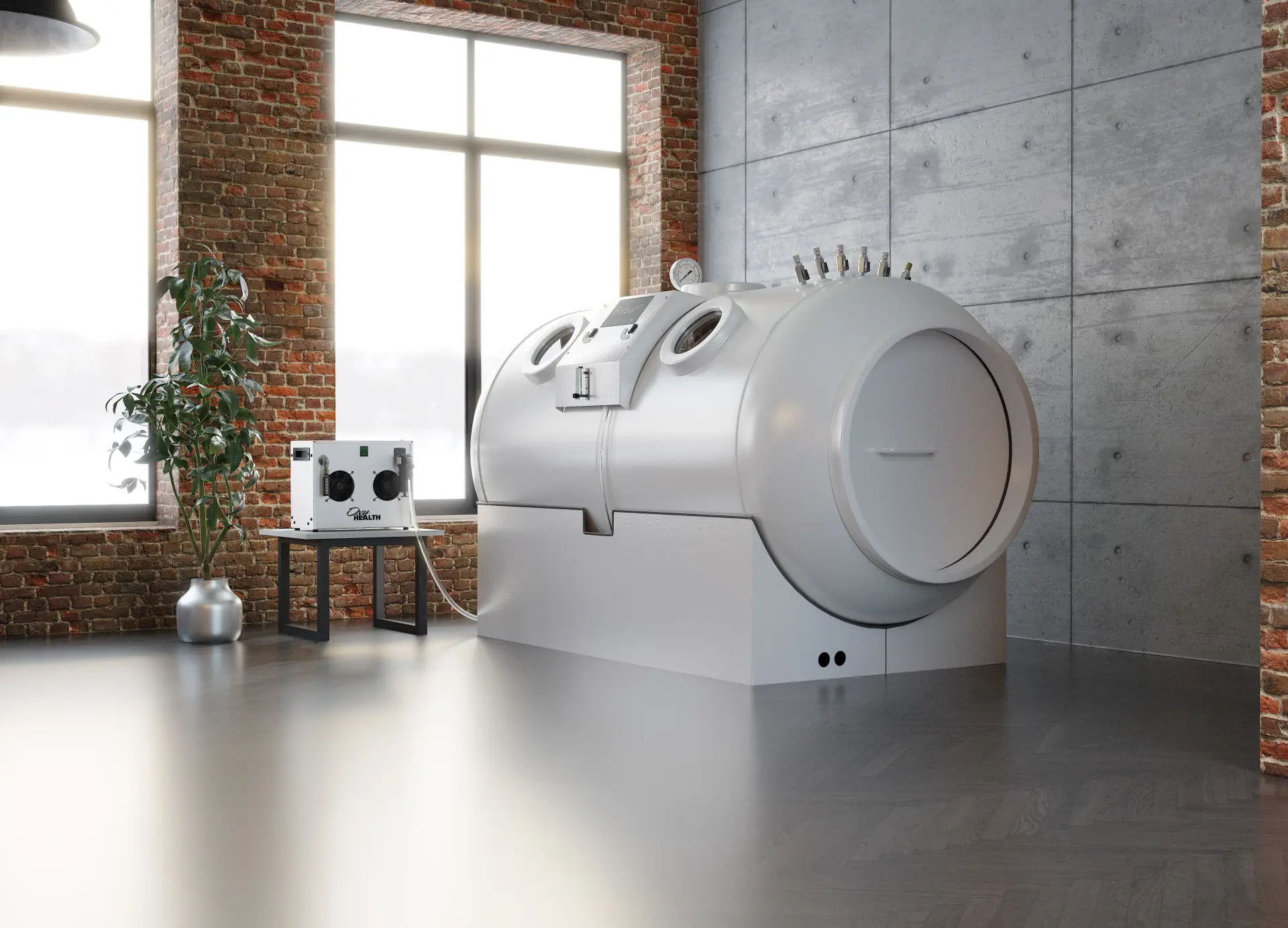 OxyHealth Fortius 420 hyperbaric chamber in a brick studio setting - 3D rendered scene