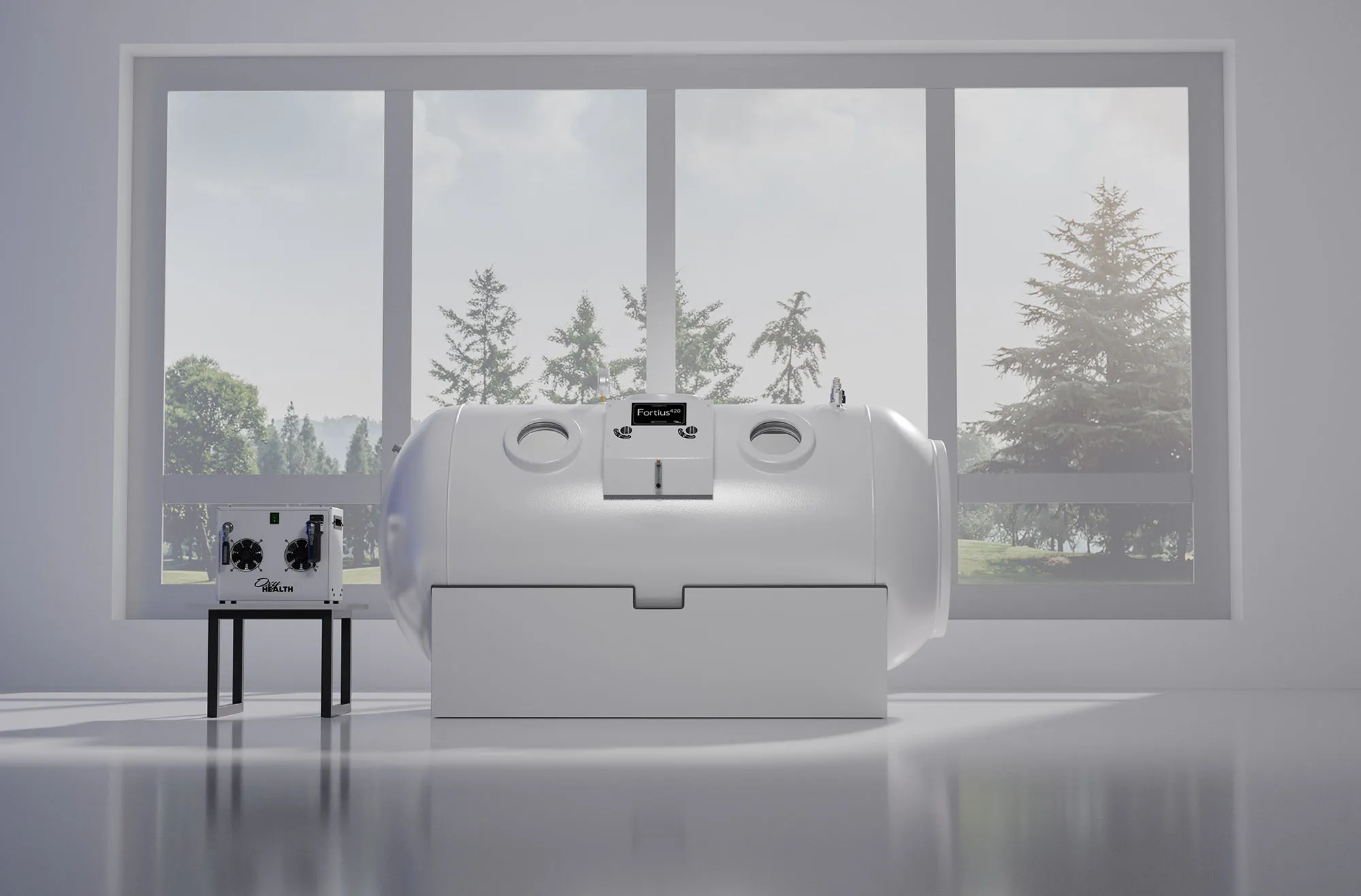 OxyHealth Fortius 420 hyperbaric chamber in a bright room with floor to ceiling windows