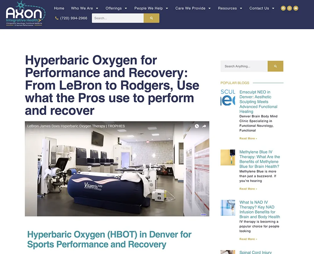 Axon Integrative Health article on hyperbaric oxygen therapy for athletes