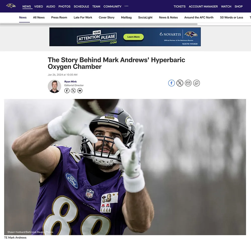 Mark Andrews injury recovery article featuring hyperbaric chamber therapy