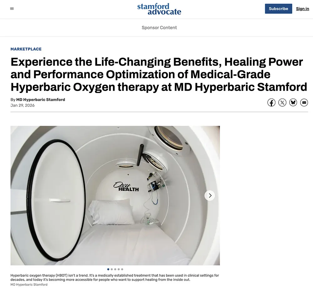 Stamford Advocate article on medical-grade hyperbaric oxygen therapy